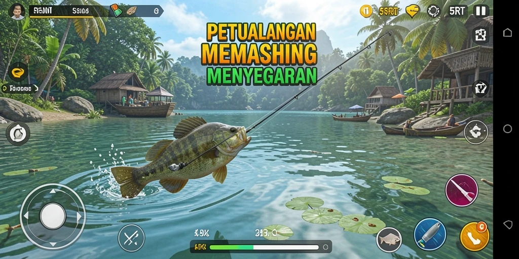 Screenshot utama 5RT menampilkan aksi seru memancing di alam terbuka.