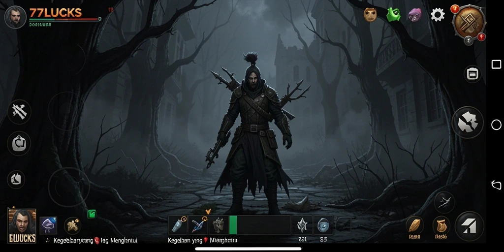 Screenshot gameplay 77LUCKS menampilkan suasana mencekam dan menakutkan.