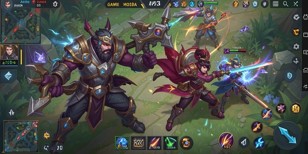 Screenshot utama API33 menampilkan pertarungan intens antara karakter dalam arena MOBA.
