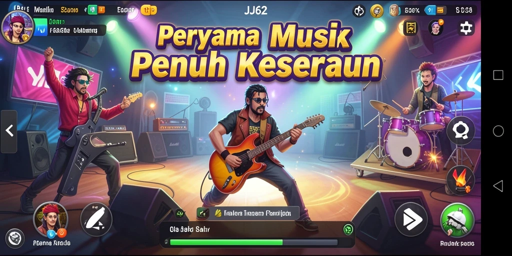 Tampilan utama gameplay JJ62 dengan alat musik virtual yang menarik.