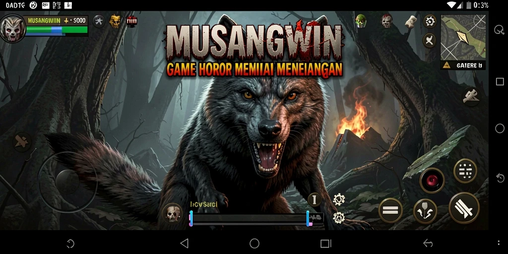 Screenshot utama MUSANGWIN menampilkan adegan gameplay yang mencekam.