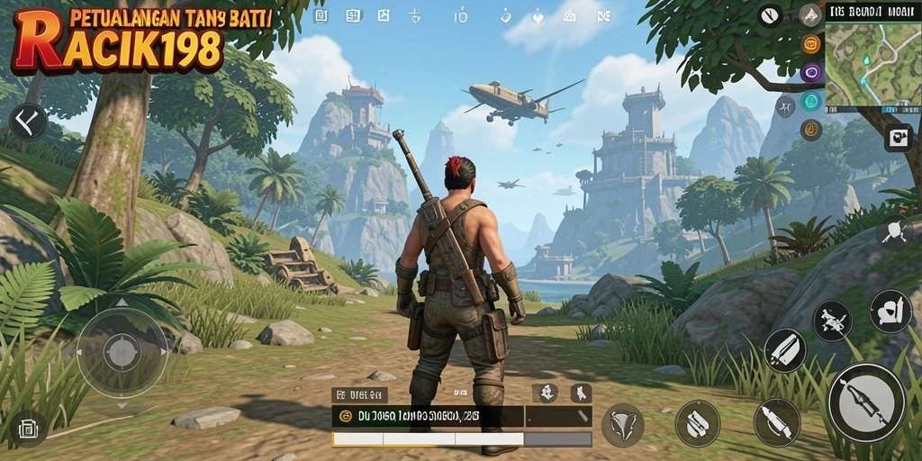 Tampilan layar gameplay RACIK198 dalam dunia terbuka yang luas.