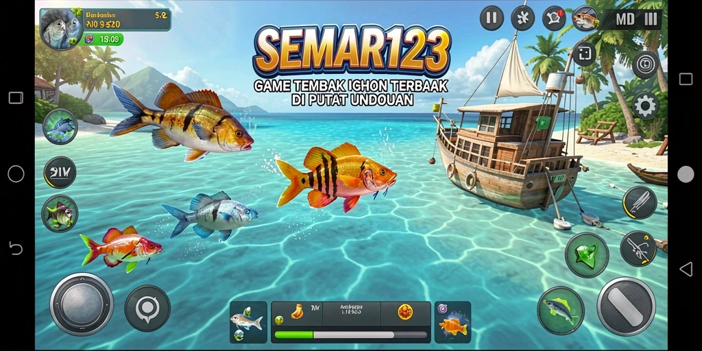 Screenshot gameplay SEMAR123 menampilkan aksi menembak ikan yang seru.
