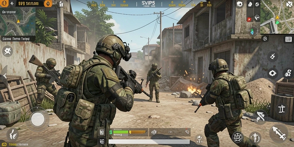 Screenshot gameplay SVIP5 menunjukkan aksi tembak-menembak yang intens.