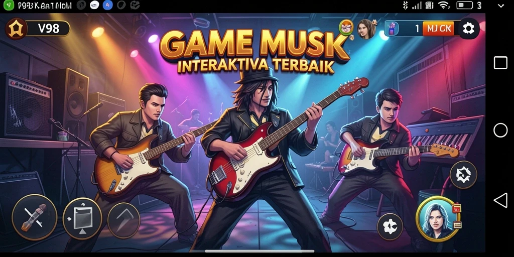 Tampilan gameplay V98 dengan berbagai pilihan lagu interaktif.