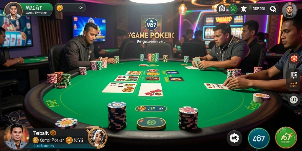 Menampilkan gameplay seru W67 dengan pemain berinteraksi di meja Poker.